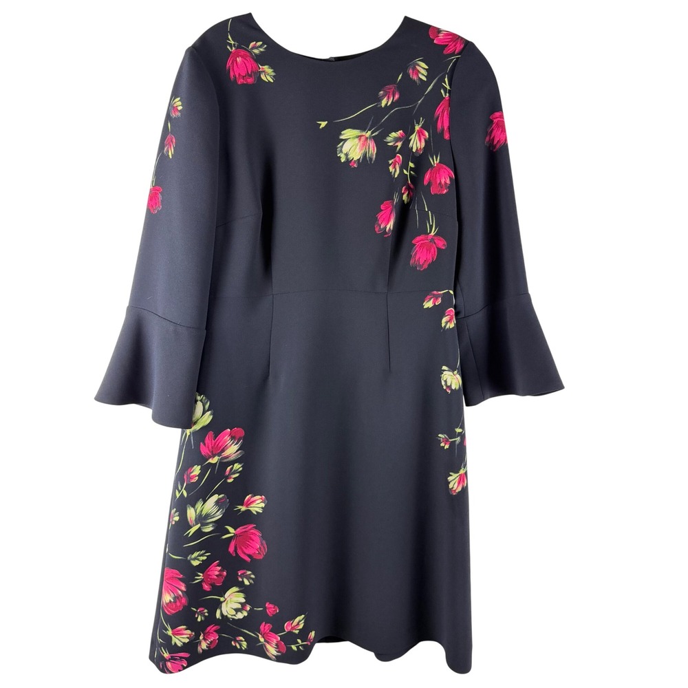 Hobbs London Navy Pink Floral Bell Sleeve Shift Dress Womens US 8 Career Event